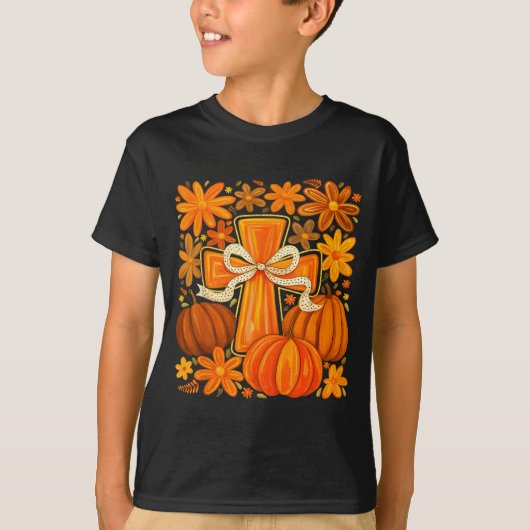 Boho Floral Pumpkin Cross Fall Jesus Christian Fai T-shirt (Voorkant)