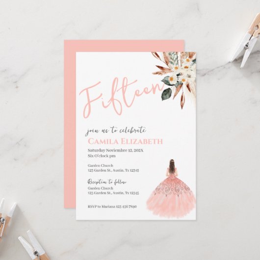 Boho Floral Quinceañera uitnodiging (Voorkant / Achterkant in situ)