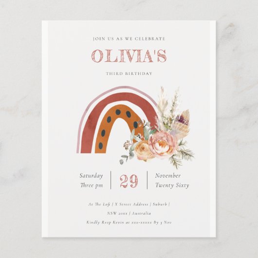 Boho Floral Rainbow Any Age Birthday Budget Uitnod Flyer (Voorkant)