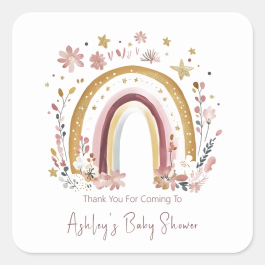 Boho Floral Rainbow Baby shower Bedankt Vierkante Sticker (Voorkant)