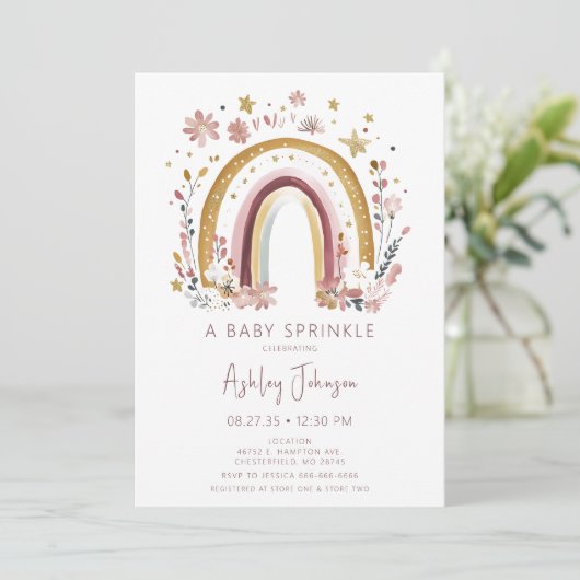 Boho Floral Rainbow Baby Sprinkle Invitation Kaart (Staand voorkant)