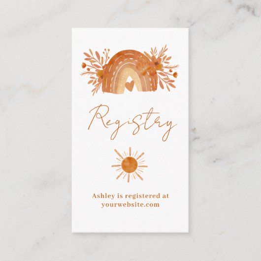 Boho floral rainbow oranje baby shower register informatiekaartje (Voorkant)