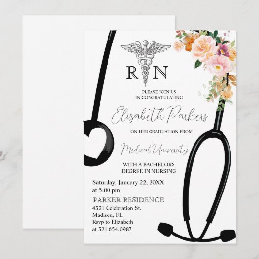 Boho Floral RN Verpleegschool Afstudeerfeest Kaart (Voorkant / Achterkant)