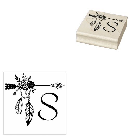 Boho Floral Roos Arrow Monogram Initiaal Rubberstempel (Gestempeld)