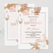 Boho Floral Roos Gold 21e verjaardag Uitnodiging (Voorkant / Achterkant)