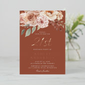 Boho Floral Roos Gold Foil 21ste verjaardagsfeest Folie Uitnodiging (Staand Voorkant)