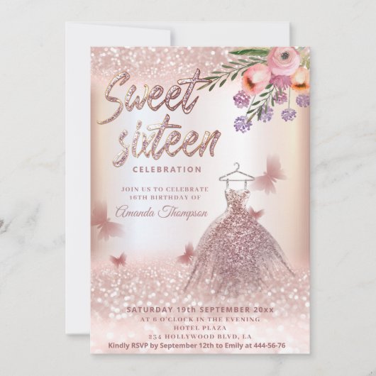 Boho floral Roos gouden glitterjurk vlinder Kaart (Voorkant)
