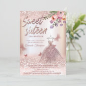 Boho floral Roos gouden glitterjurk vlinder Kaart (Staand voorkant)