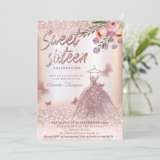 Boho floral Roos gouden glitterjurk vlinder Kaart (Staand voorkant)