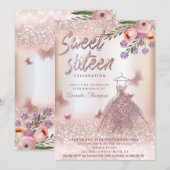 Boho floral Roos gouden glitterjurk vlinder Kaart (Voorkant / Achterkant)