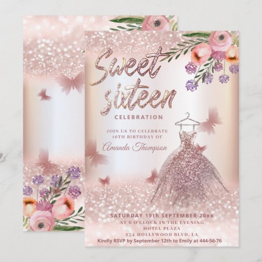 Boho floral Roos gouden glitterjurk vlinder Kaart (Voorkant / Achterkant)