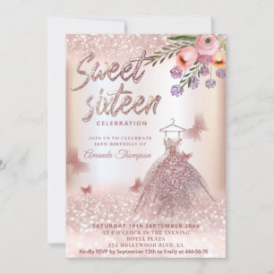 Boho floral Roos gouden glitterjurk vlinder Kaart