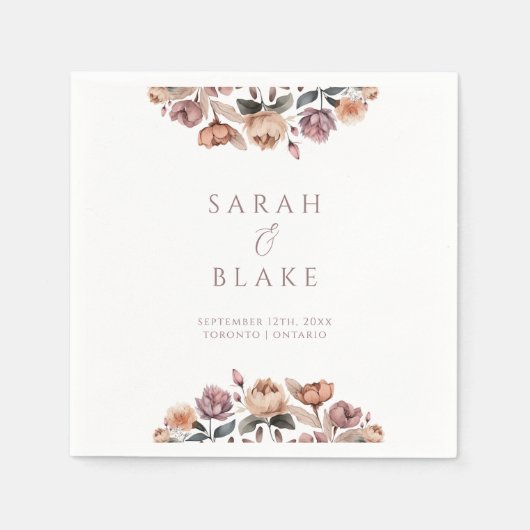 Boho Floral Roze Rozen Tuin Trouwwijn Label Servet (Voorkant)