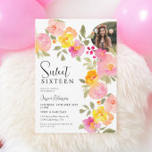 Boho Floral Roze Waterverf Script Foto Sweet 16 Kaart