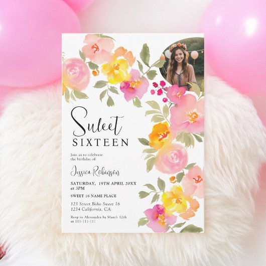Boho Floral Roze Waterverf Script Foto Sweet 16 Kaart