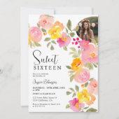 Boho Floral Roze Waterverf Script Foto Sweet 16 Kaart (Voorkant)