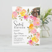 Boho Floral Roze Waterverf Script Foto Sweet 16 Kaart (Staand voorkant)
