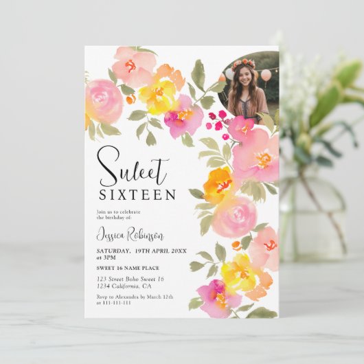 Boho Floral Roze Waterverf Script Foto Sweet 16 Kaart (Staand voorkant)