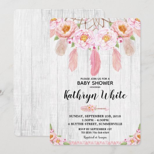 Boho Floral Rustic Baby shower Invitation Girl Kaart (Voorkant / Achterkant)