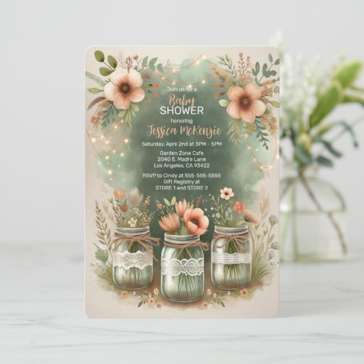 Boho Floral Rustic Floral Mason Jar Baby shower Kaart (Staand voorkant)