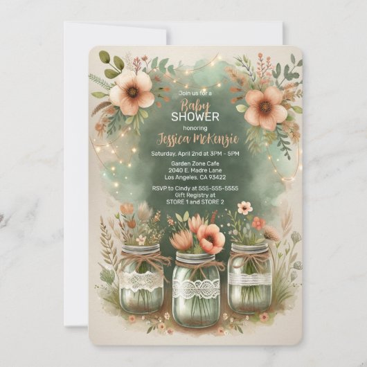 Boho Floral Rustic Floral Mason Jar Baby shower Kaart (Voorkant)