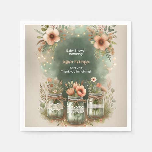 Boho Floral Rustic Floral Mason Jar Baby shower Servet (Voorkant)