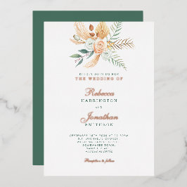 Boho Floral Rustic Green Gold Bronze Wedding Folie Uitnodiging