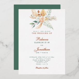 Boho Floral Rustic Green Gold Bronze Wedding Folie Uitnodiging