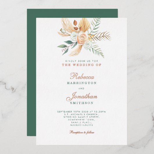 Boho Floral Rustic Green Gold Bronze Wedding Folie Uitnodiging (Voorkant / Achterkant)