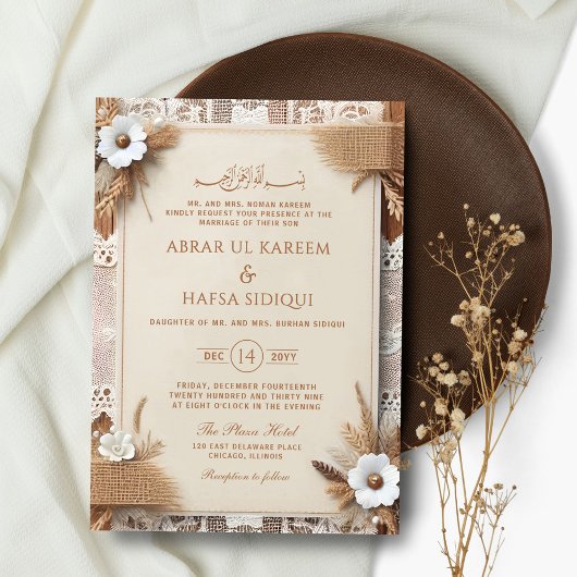 Boho Floral Rustic Monogram Islamitische bruiloft Kaart