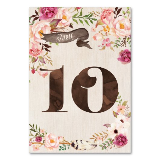Boho Floral Rustic Wedding Table Number Card 10 Kaart (Achterkant)
