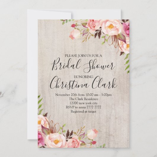 Boho Floral Rustic Wood Roos Vrijgezellenfeest Kaart (Voorkant)