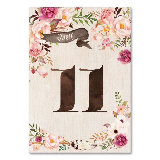 Boho Floral Rustiek Trouwtafel Nummer Kaart 11 (Voorkant)