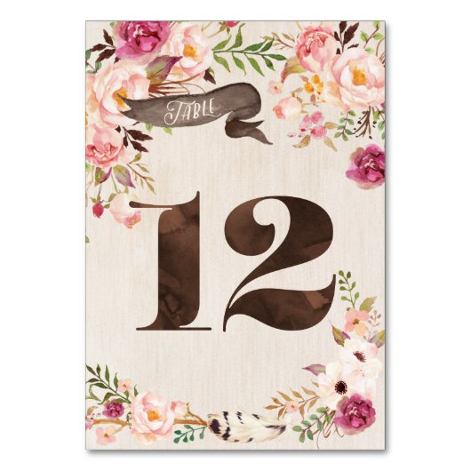 Boho Floral Rustiek Trouwtafel Nummer Kaart 12 (Voorkant)