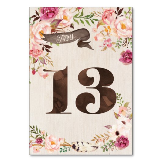 Boho Floral Rustiek Trouwtafel Nummer Kaart 13 (Voorkant)