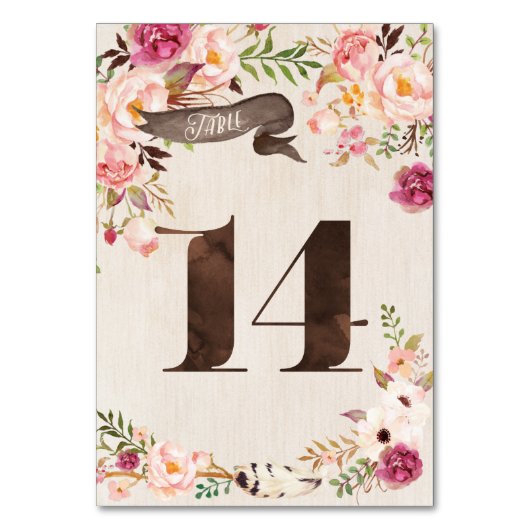 Boho Floral Rustiek Trouwtafel Nummer Kaart 14 (Voorkant)