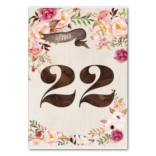 Boho Floral Rustiek Trouwtafel Nummer Kaart 22 (Voorkant)