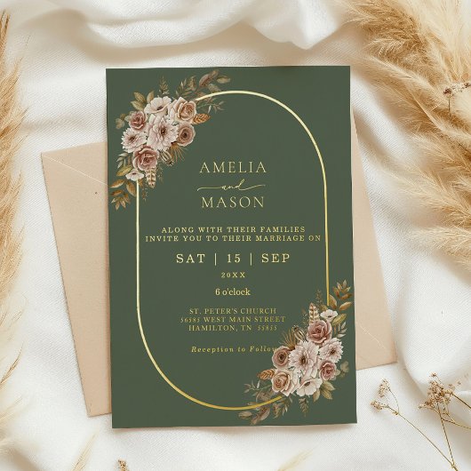 Boho Floral Sage Green en Gold Wedding Folie Uitnodiging