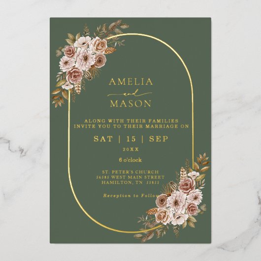 Boho Floral Sage Green en Gold Wedding Folie Uitnodiging (Voorkant)