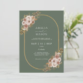 Boho Floral Sage Green en Gold Wedding Kaart (Staand voorkant)