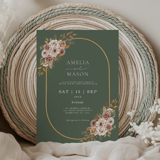 Boho Floral Sage Green en Gold Wedding Kaart