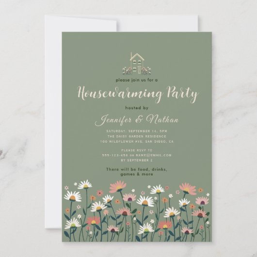 Boho Floral Sage Groene Herfst Housewarming Party Kaart (Voorkant)