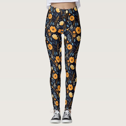 Boho Floral Schattige Zwart Sinaasappel Blauw Leggings (Voorkant)