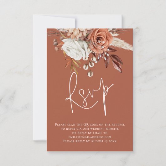 Boho Floral Script QR Code Terracotta Wedding RSVP (Voorkant)