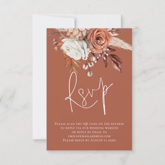 Boho Floral Script QR Code Terracotta Wedding RSVP Kaartje (Voorkant)
