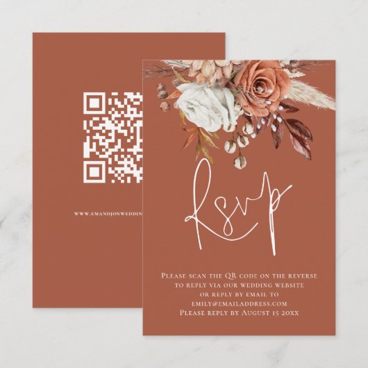 Boho Floral Script QR Code Terracotta Wedding RSVP Kaartje (Voorkant / Achterkant)