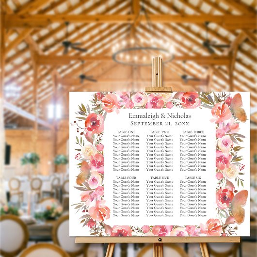 Boho Floral Seating Chart Butterfly Wedding Coral  Poster