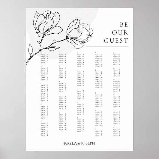 Boho Floral Simple Alfabetical Seat Chart Sign Poster (Voorkant)