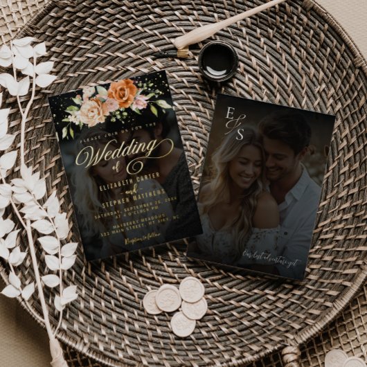 Boho Floral Sinaasappel en Blush Pink Fotobruiloft Folie Uitnodiging