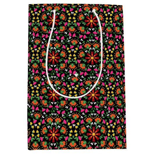 Boho Floral Sinaasappel Roze Zwart Groen Medium Cadeauzakje (Voorkant)